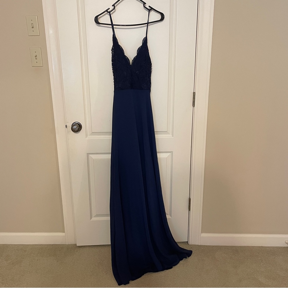 Lulu's Deep Blue Maxi Dress with Lace Bodice